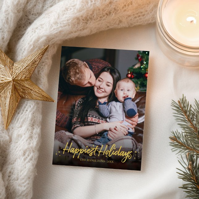 Gold Calligraphy Photo Happiest Holidays Christmas Postcard (Creator Uploaded)