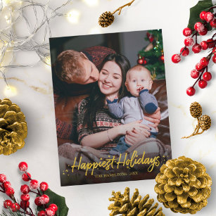 Gold Calligraphy Photo Happiest Holidays Christmas Postcard