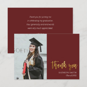 Gold Calligraphy Red Modern Photo Graduation Thank You Card