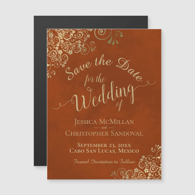 Gold Calligraphy Rust Orange Save the Date Magnet (Front/Back)