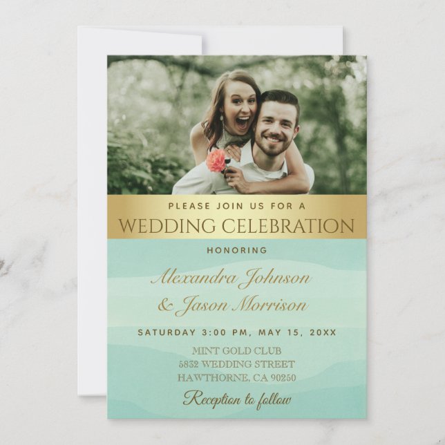 Gold Calligraphy Sage Green Photo Invitation (Front)