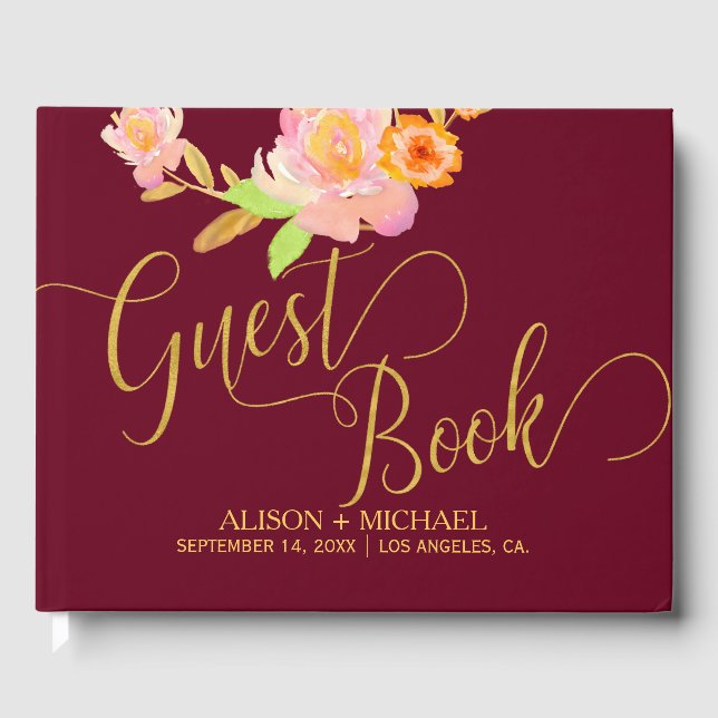 Gold calligraphy script autumn wedding guestbook (Front)