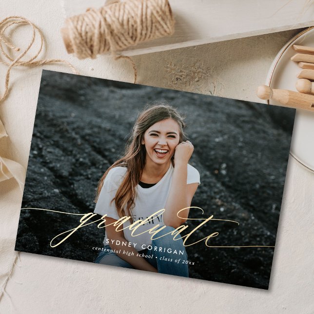 Gold Calligraphy Script Graduation Photo Invitation (Creator Uploaded)