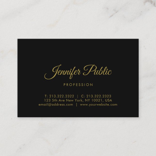 Gold Calligraphy Script Modern Minimalist Black Business Card (Front)