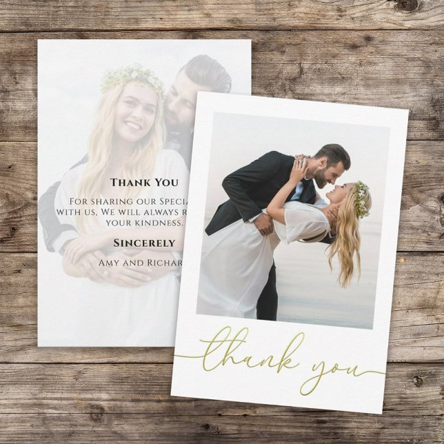 Gold Calligraphy Script Modern Simple Two Photo Thank You Card (Creator Uploaded)