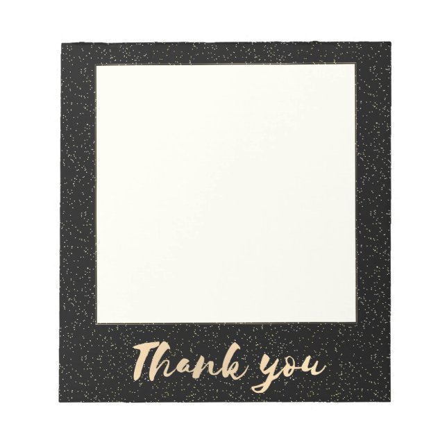 Gold Calligraphy Thank You with Dots on Black Faux Notepad (Front)