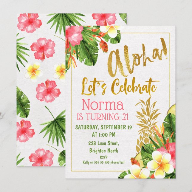 Gold Calligraphy Tropical Birthday Invitation (Front/Back)