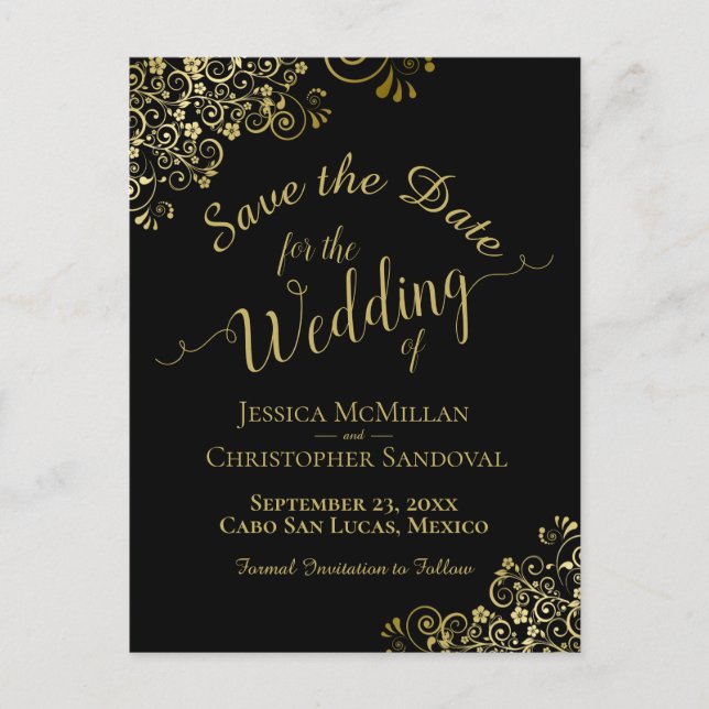 Gold Calligraphy Wedding Save the Date Black Announcement Postcard (Front)
