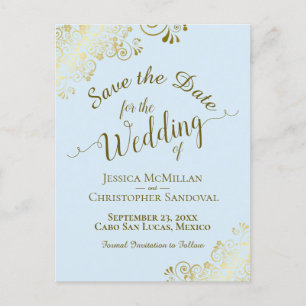 Gold Calligraphy Wedding Save the Date Blue Announcement Postcard