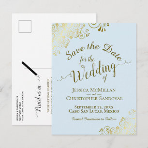 Gold Calligraphy Wedding Save the Date Blue Announcement Postcard
