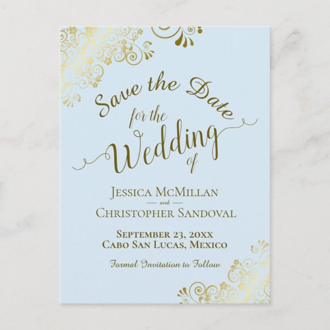 Gold Calligraphy Wedding Save the Date Blue Announcement Postcard (Front)