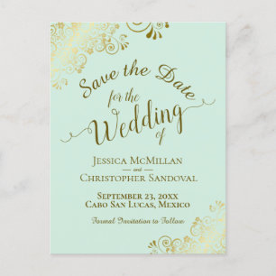 Gold Calligraphy Wedding Save the Date Mint Green Announcement Postcard