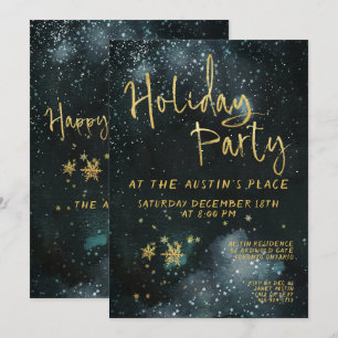 Gold Calligraphy Winter Night Holiday Party Invitation