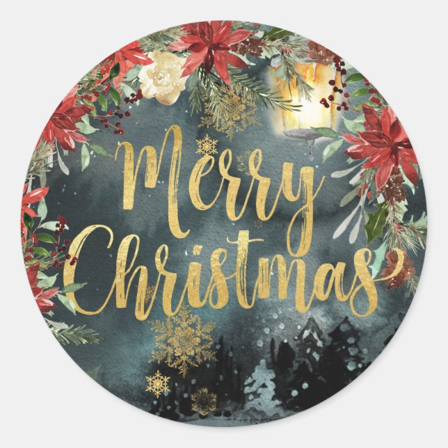 Gold Calligraphy Woodland Floral Holiday Sticker (Front)