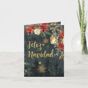 Gold Calligraphy Woodland Forest Spanish Navidad  Holiday Card