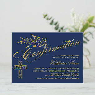 Gold Calligrigraphy Confirmation Cross and Dove Invitation