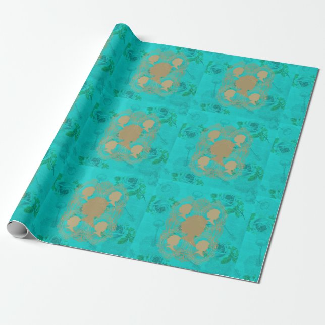 Gold Cameo Ladies Turquoise Roses&Keys Gift Wrap (Unrolled)