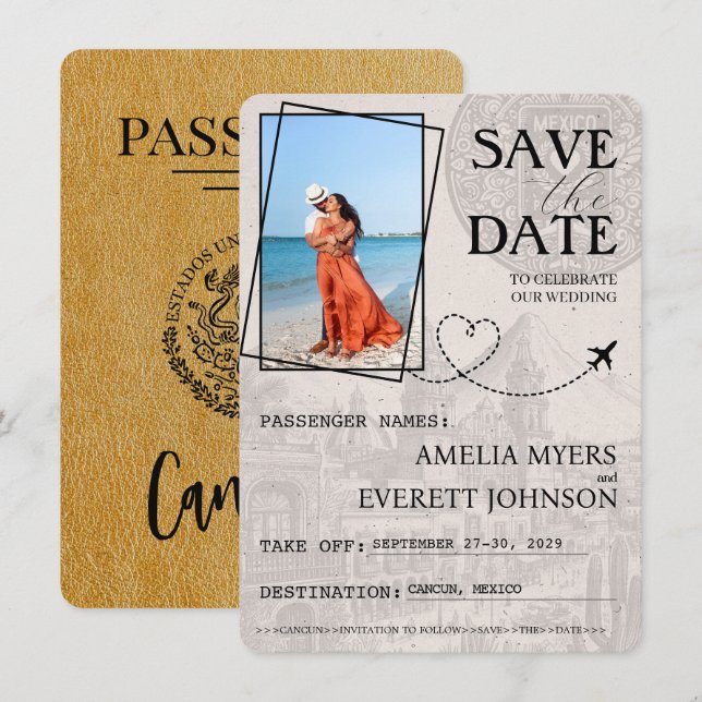 Gold Cancun Passport Save The Date (Front/Back)