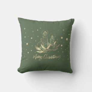 Gold Candle,Balls,Pine Tree Branches, Holiday Throw Pillow