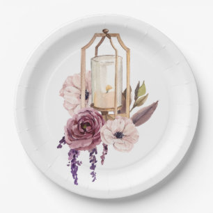 Gold Candle Lantern with Light & Deep Pink Flowers Paper Plate