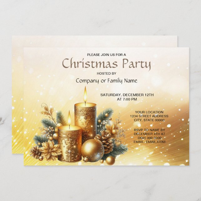 Gold Candles Christmas Party Invitation (Front/Back)