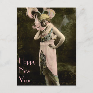 Gold Cap and Big Pink Feathers New Year Holiday Postcard