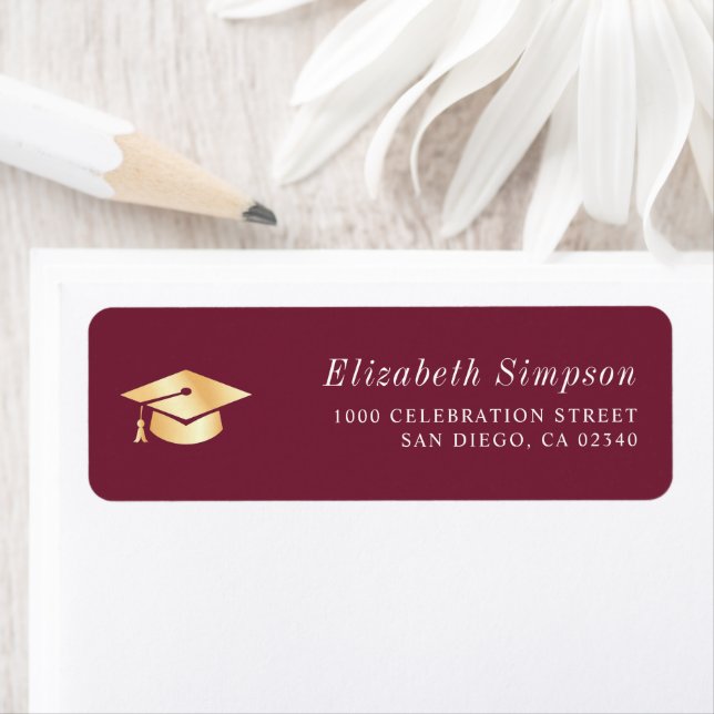 gold cap maroon graduation address label (Insitu)