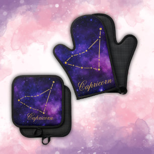 Gold Capricorn Constellation on Dark Galaxy  Oven Mitt & Pot Holder Set