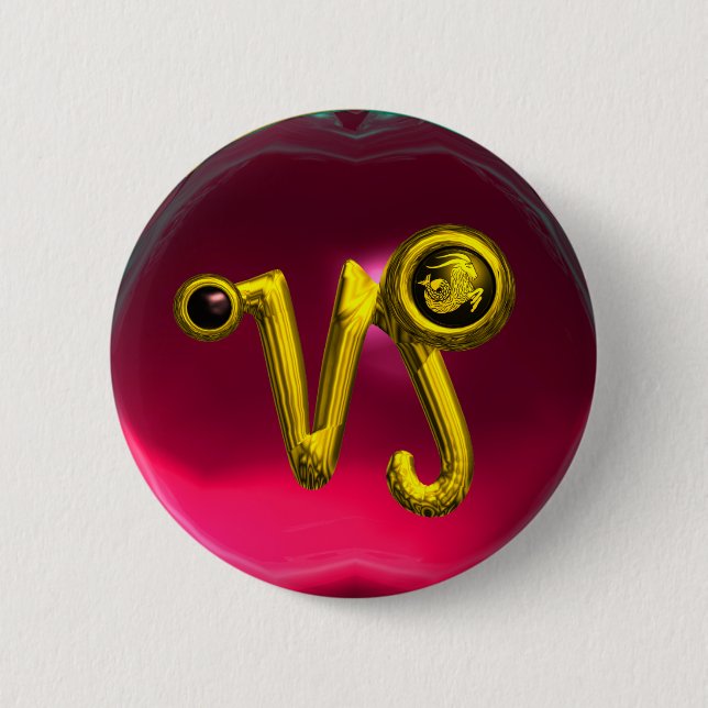 GOLD CAPRICORN / ZODIAC SIGN JEWEL 2 INCH ROUND BUTTON (Front)