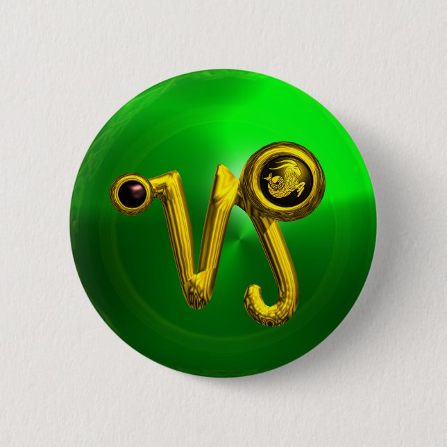 GOLD CAPRICORN / ZODIAC SIGN JEWEL 2 INCH ROUND BUTTON (Front)