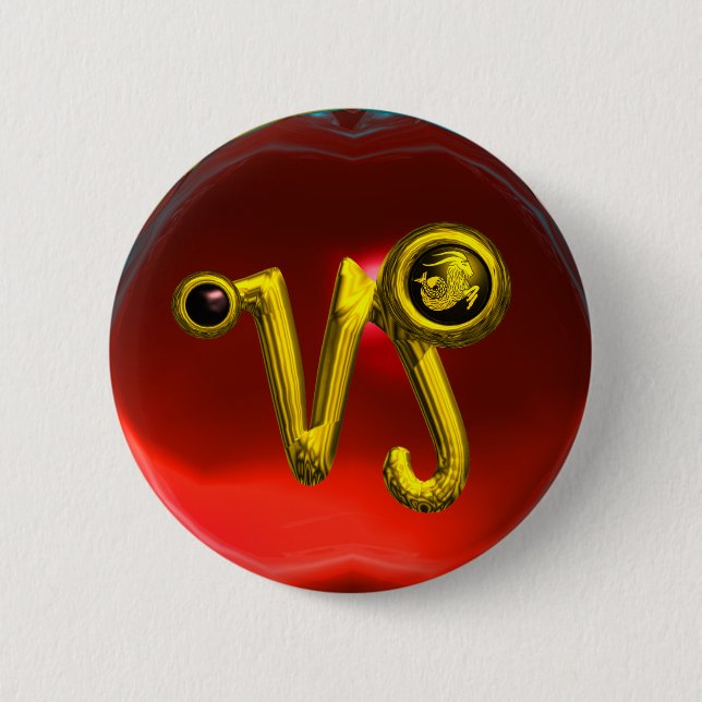 GOLD CAPRICORN / ZODIAC SIGN JEWEL 2 INCH ROUND BUTTON (Front)