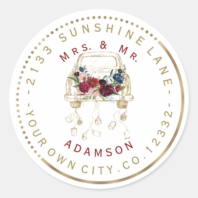 Gold Car Burgundy Flowers Circular Address Label (Front)