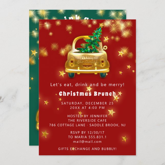 Gold Car Merry Christmas Brunch Dinner Red Green Invitation (Front/Back)