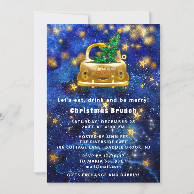 Gold Car Merry Christmas Brunch Dinner Star Blue I Invitation (Front)
