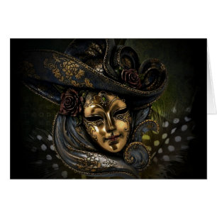 Gold carnival mask with blue hat and feathers