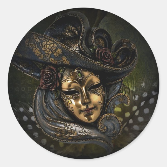 Gold carnival mask with blue hat and feathers classic round sticker (Front)