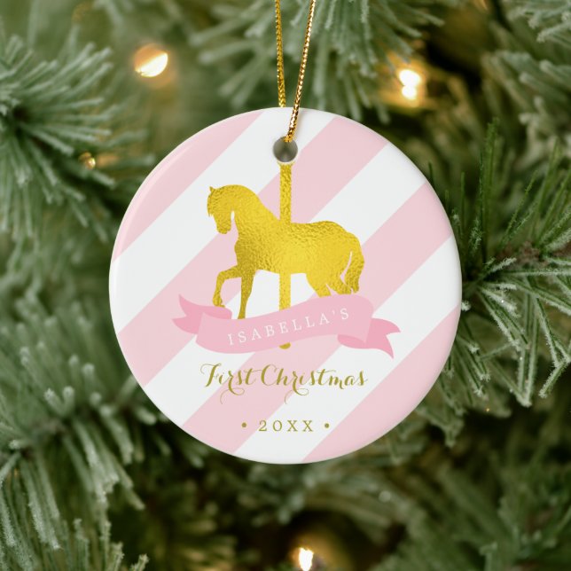 Gold Carousel Horse Baby's First Christmas Ceramic Ornament (Tree)