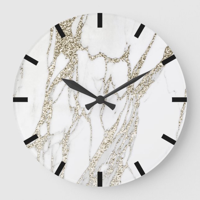 Gold Carrara Marble Grey Black Stone White Large Clock (Front)