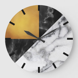 Gold Carrara Marble Grey Geometry Black Stone Meta Large Clock