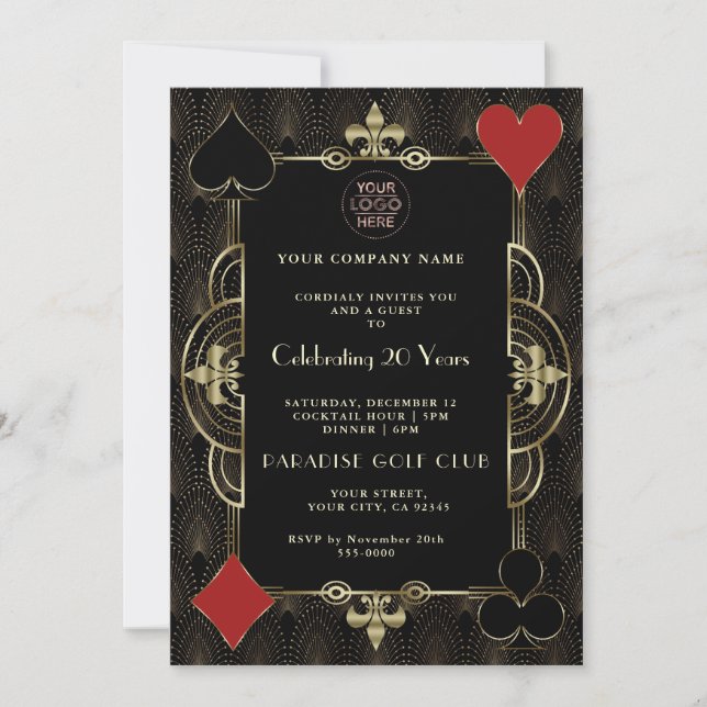 Gold Casino Corporate Party 20 Years Anniversary Invitation (Front)