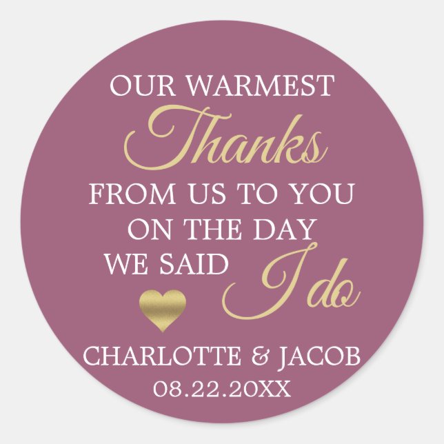 Gold CASSIS Wedding Heart Warmest Thanks Classic Round Sticker (Front)