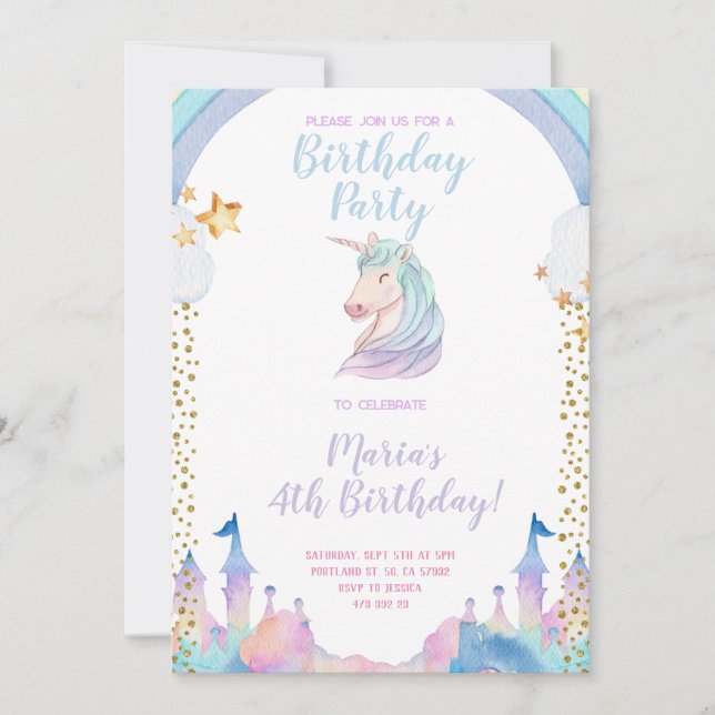 Gold Castle Unicorn Birthday Invitation (Front)