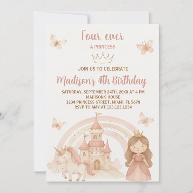 Gold Castle & Unicorn Party Invitation (Devant)