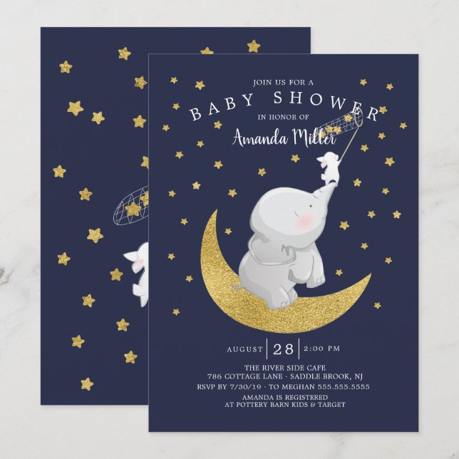 Gold Catch A Star Bunny Elephant Baby Shower Invitation (Front/Back)