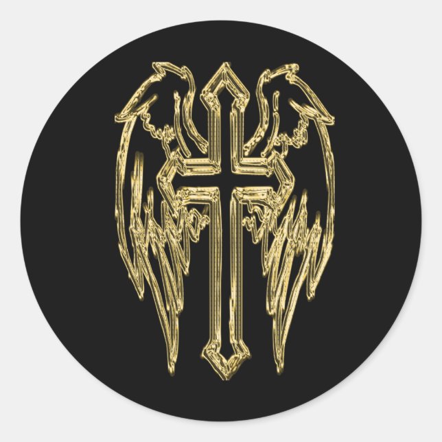 Gold catholic cross with wings classic round sticker (Front)