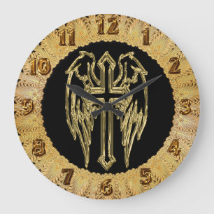 Gold catholic cross with wings large clock