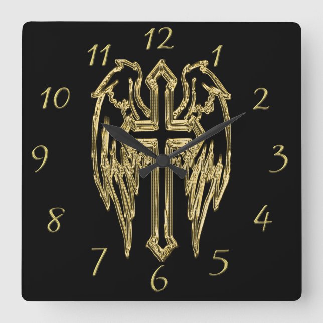 Gold catholic cross with wings square wall clock (Front)