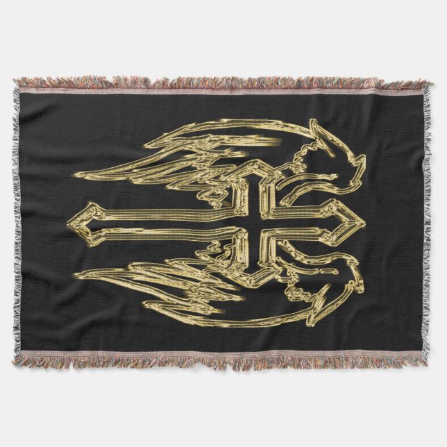 Gold catholic cross with wings throw blanket (Front)