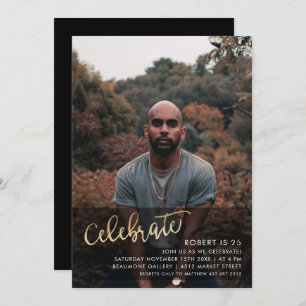 Gold Celebrate Script Custom Photo Birthday Invitation
