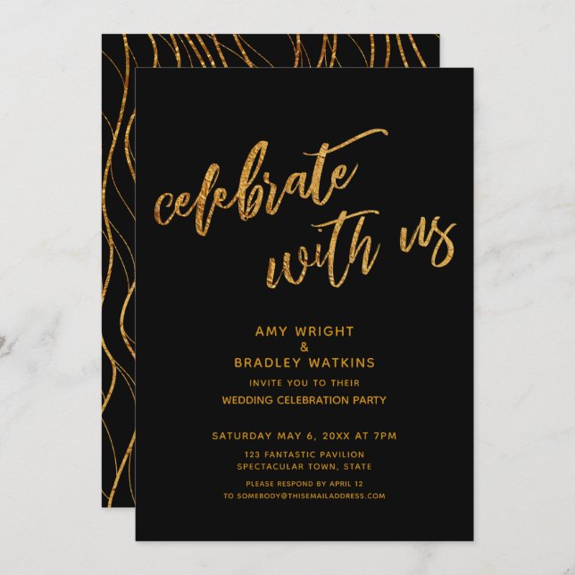 Gold Celebrate with Us Black Wedding Reception Invitation (Front/Back)